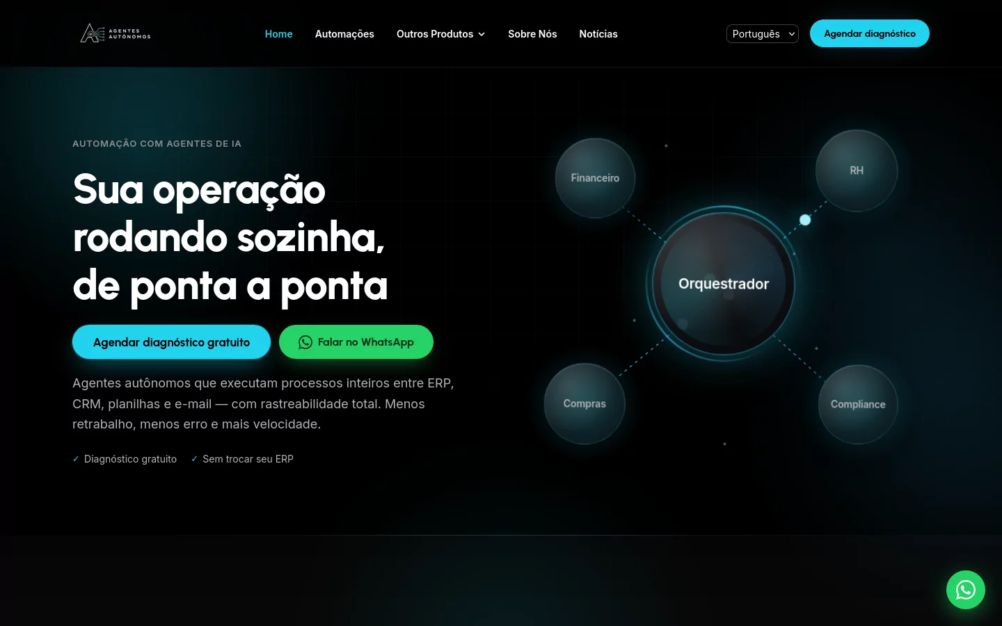 Página inicial de agentesautonomos.com.br em 13 de outubro de 2026: “Sua operação rodando sozinha, de ponta a ponta”.