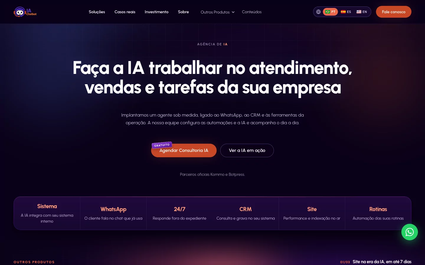 Página inicial de iachatbot.com.br em 13 de outubro de 2026: “Faça a IA trabalhar no atendimento, vendas e tarefas da sua empresa”.