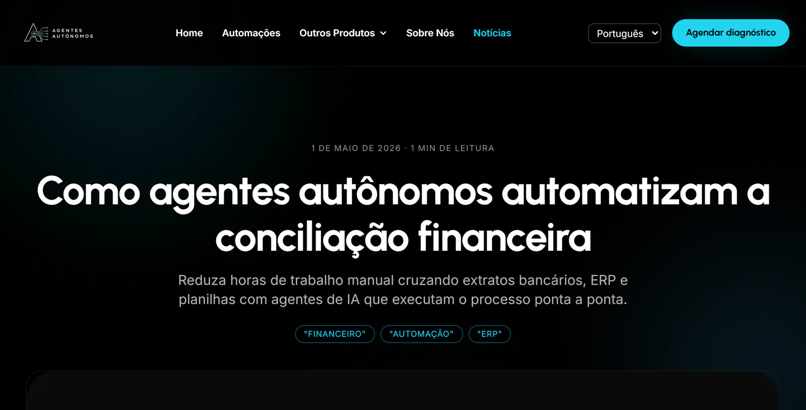 Topo do artigo “Como agentes autônomos automatizam a conciliação financeira” no site da Agentes Autônomos.
