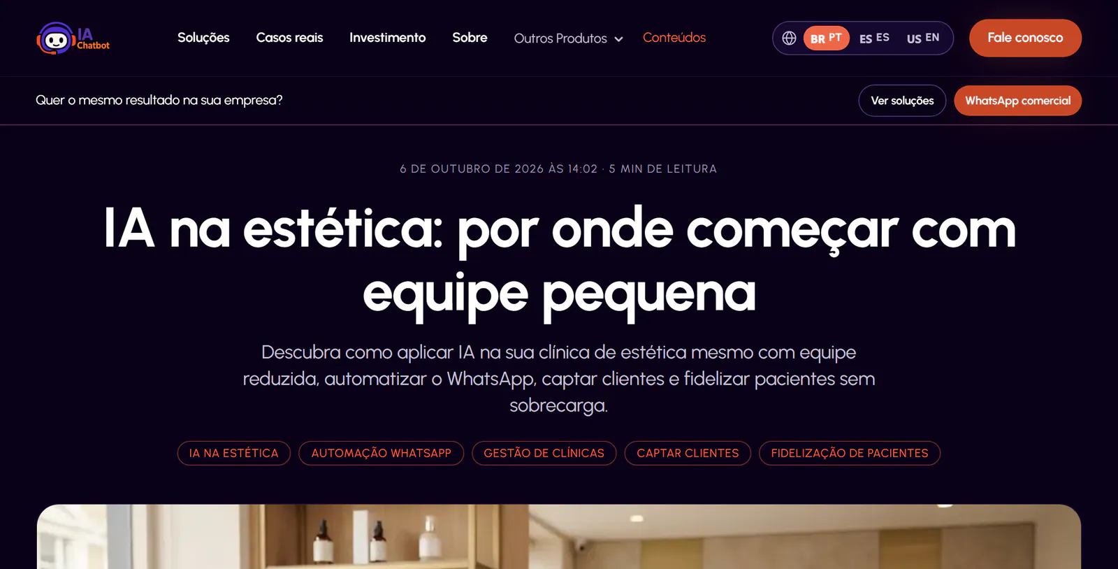 Topo do artigo “IA na estética: por onde começar com equipe pequena” no blog da IAChatbot.