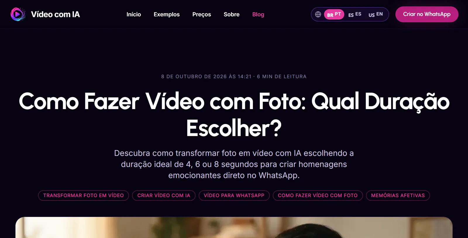 Topo do artigo “Como Fazer Vídeo com Foto: Qual Duração Escolher?” no blog da Vídeo com IA.