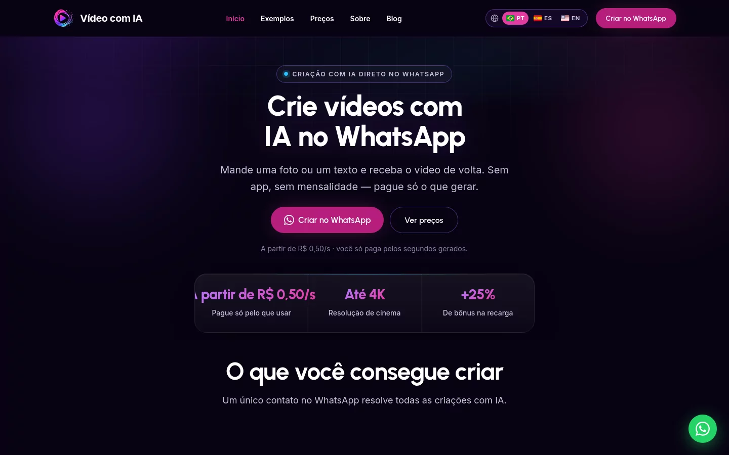 Página inicial de videocomia.com em 13 de outubro de 2026: “Crie vídeos com IA no WhatsApp”.